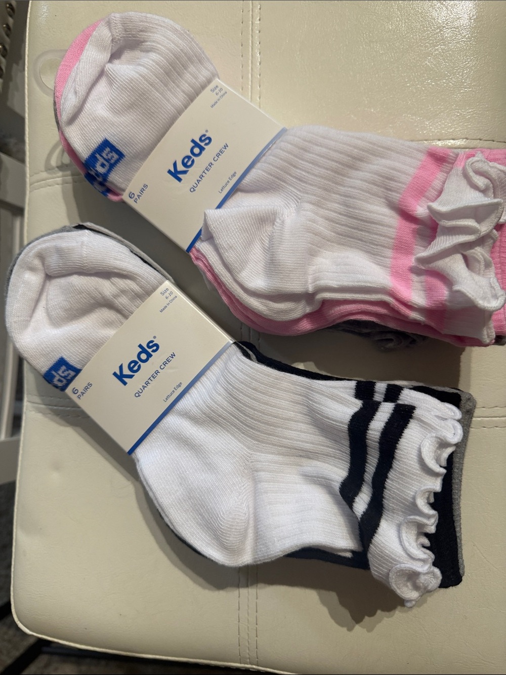 Keds White Quarter Crew Socks with Pink and Black Trim sold separately black and